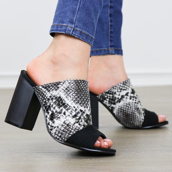 Shoes - Snake Print Open Toe Slip on Chunky High Heel